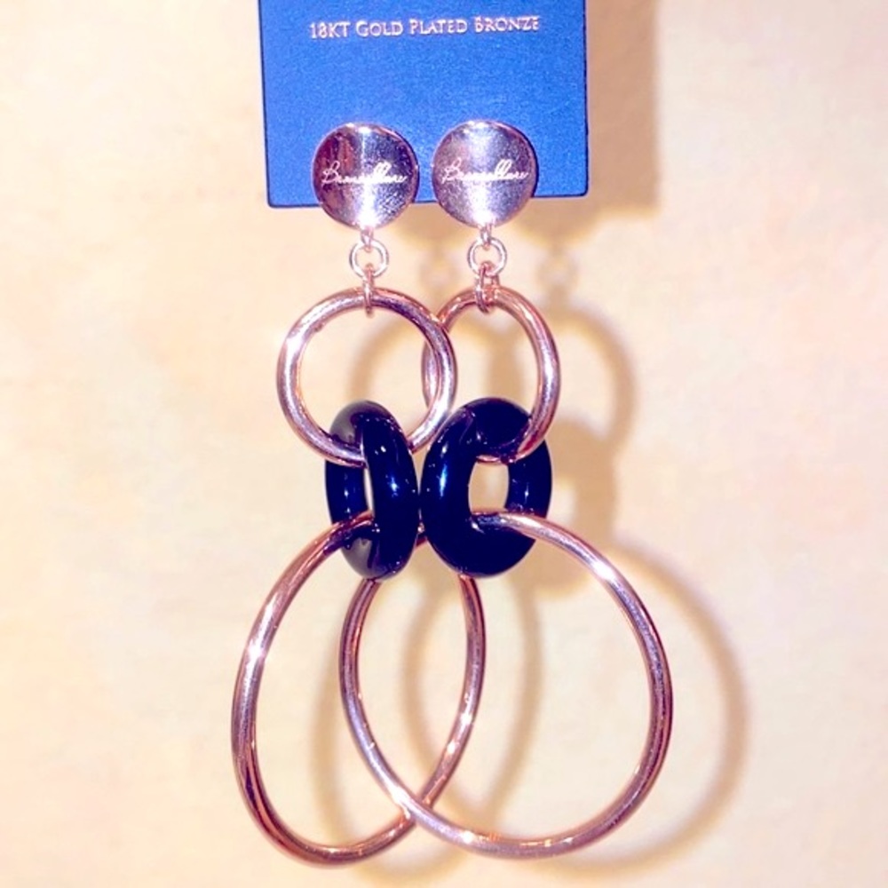 🆕 18kt Rose Gold Bronzallure & Onyx 3” Dangle Circle Hoop Earrings, MILOR Italy